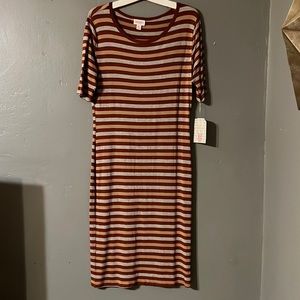 NWT Lularoe Julia dress in burgundy/tan/gray stripe. Size M.